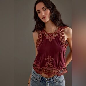 Anthropologie Burgundy and Rust Embroidered Crop Top tank top size small